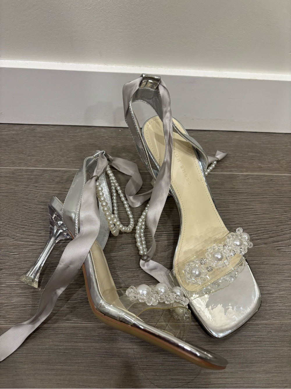 Silver Pearl Embellished Ankle-Tie Heels size 7